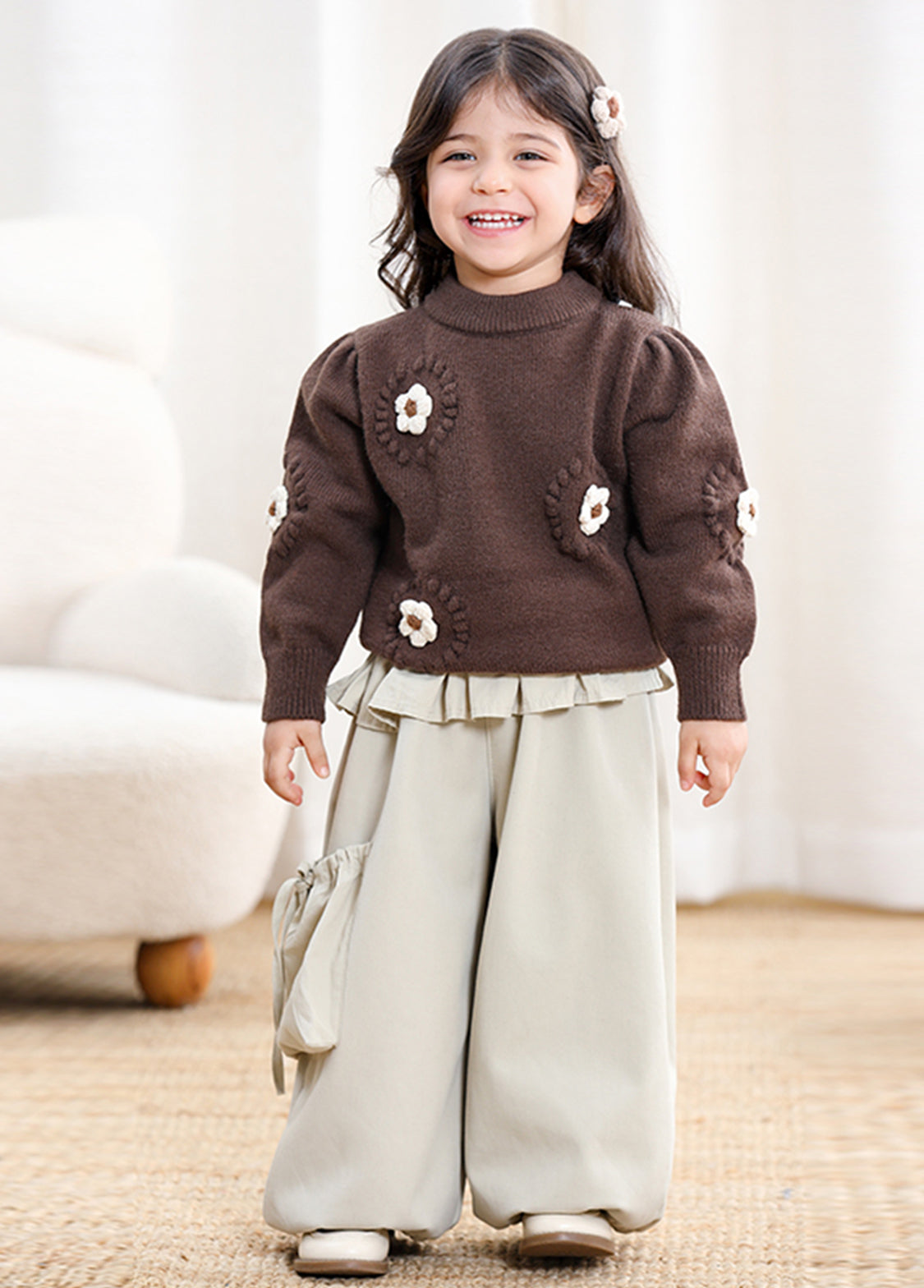 Girls Ruffle Waist Wide-Leg Pants