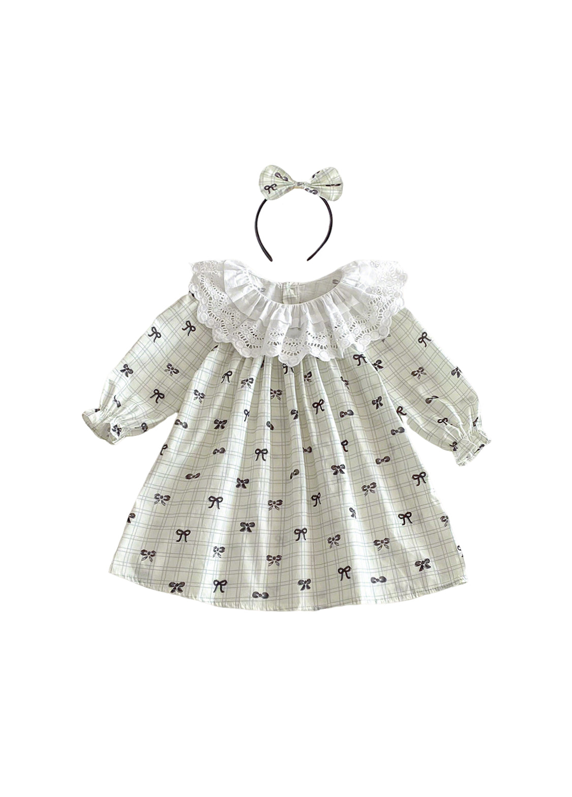Girls Sweet Bowknot Dollar Collar Dress With Headband