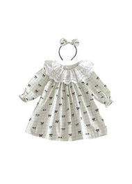 Girls Sweet Bowknot Dollar Collar Dress With Headband