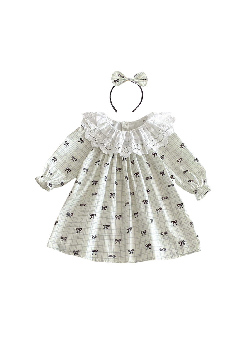 Girls Sweet Bowknot Dollar Collar Dress With Headband