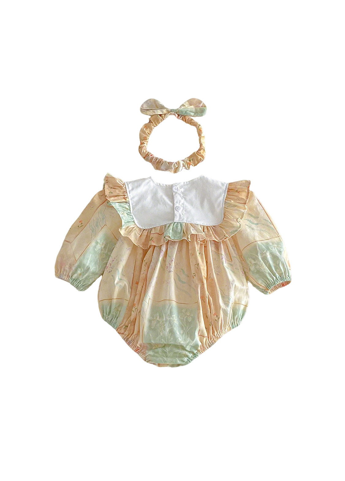 Baby Girls Retro Floral Ruffle Romper With Hairband