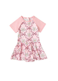 Girls' Summer Short-Sleeve Swim Dress — Floral-Patterned One-Piece Swimsuit