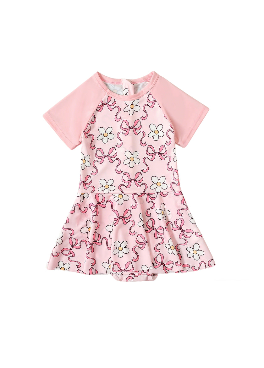 Girls' Summer Short-Sleeve Swim Dress — Floral-Patterned One-Piece Swimsuit