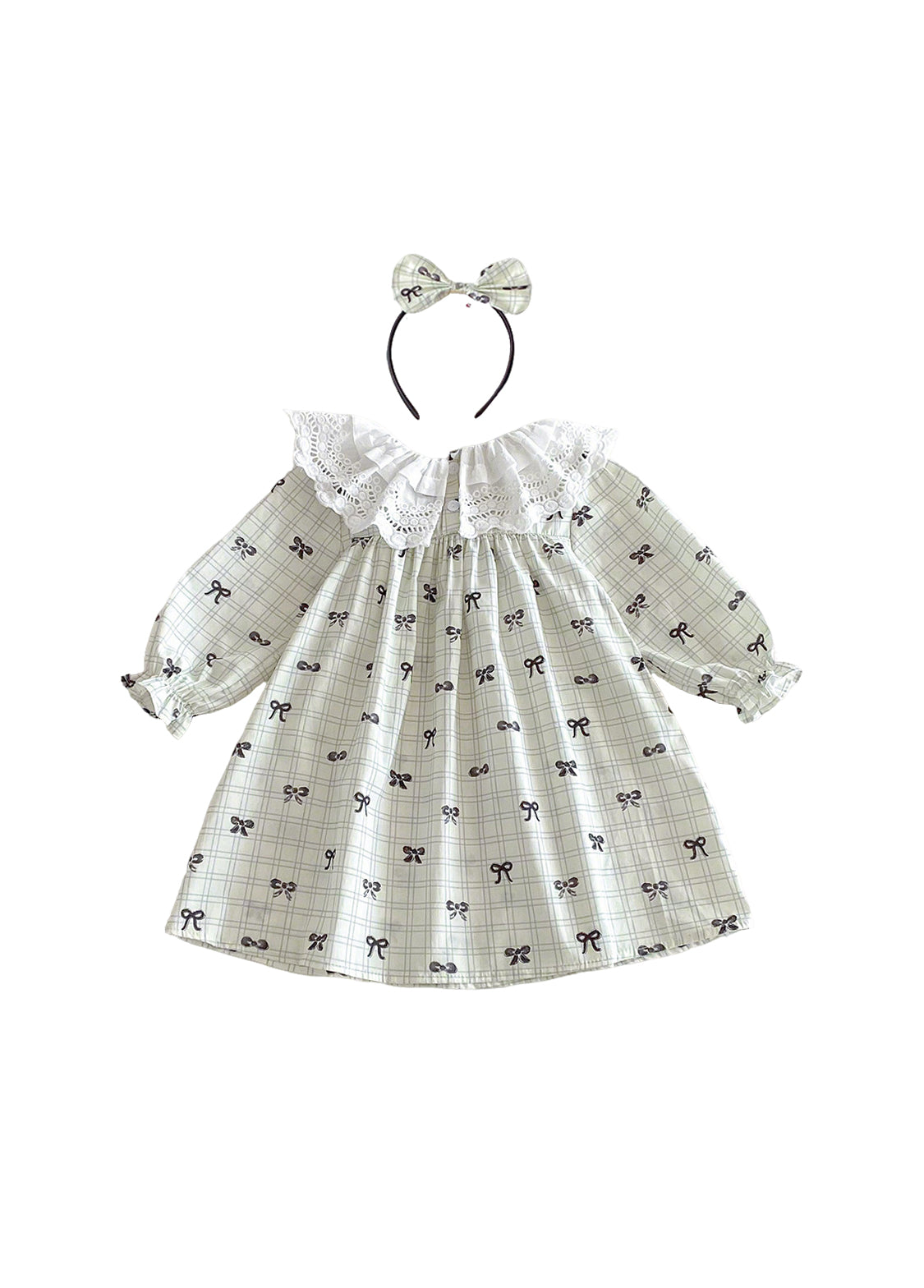 Girls Sweet Bowknot Dollar Collar Dress With Headband