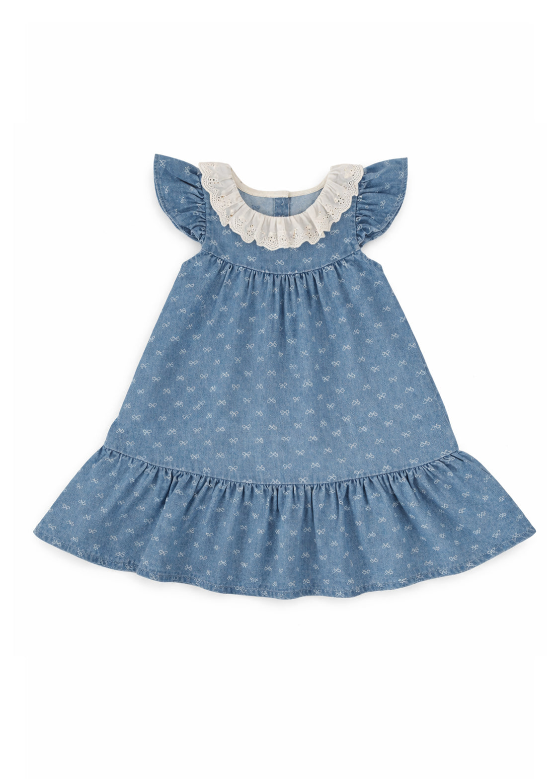 Girls Bow Print Cotton Denim Dress