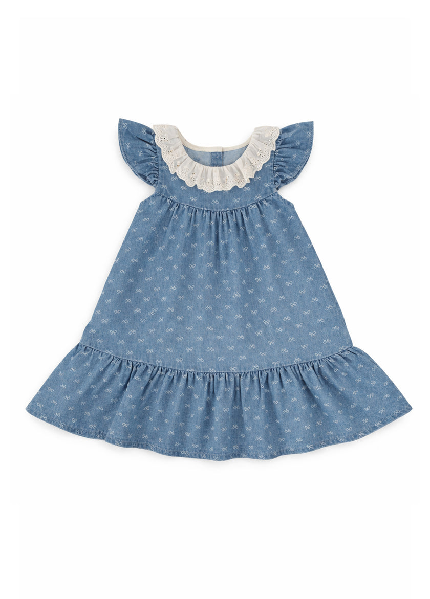 Girls Bow Print Cotton Denim Dress