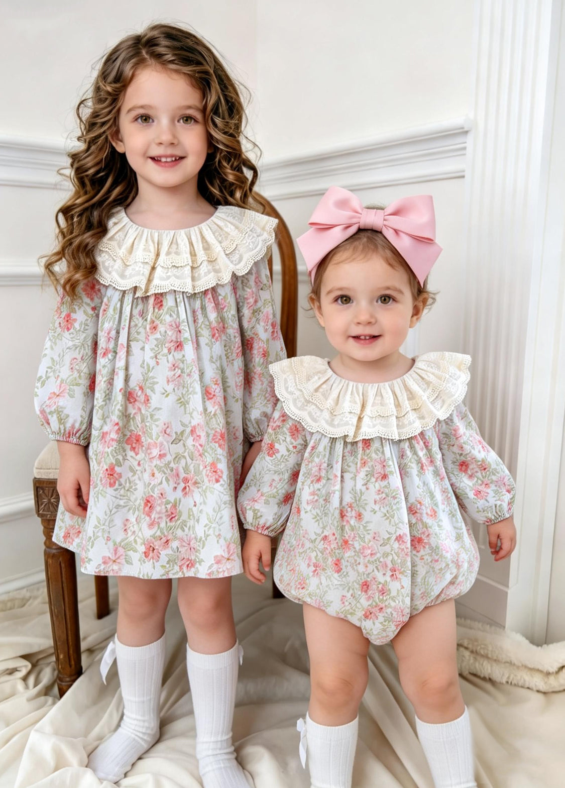 Girls Sweet Floral Dollar Collar Dress With Headband