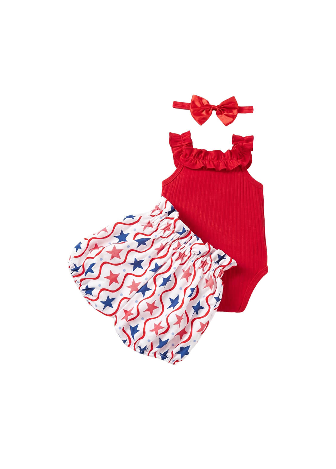 Baby Girls My 1st 4th of July Outfit Set Infant Patriotic Ruffle Romper Bodysuit Star Shorts and Headband 3-Piece Set
