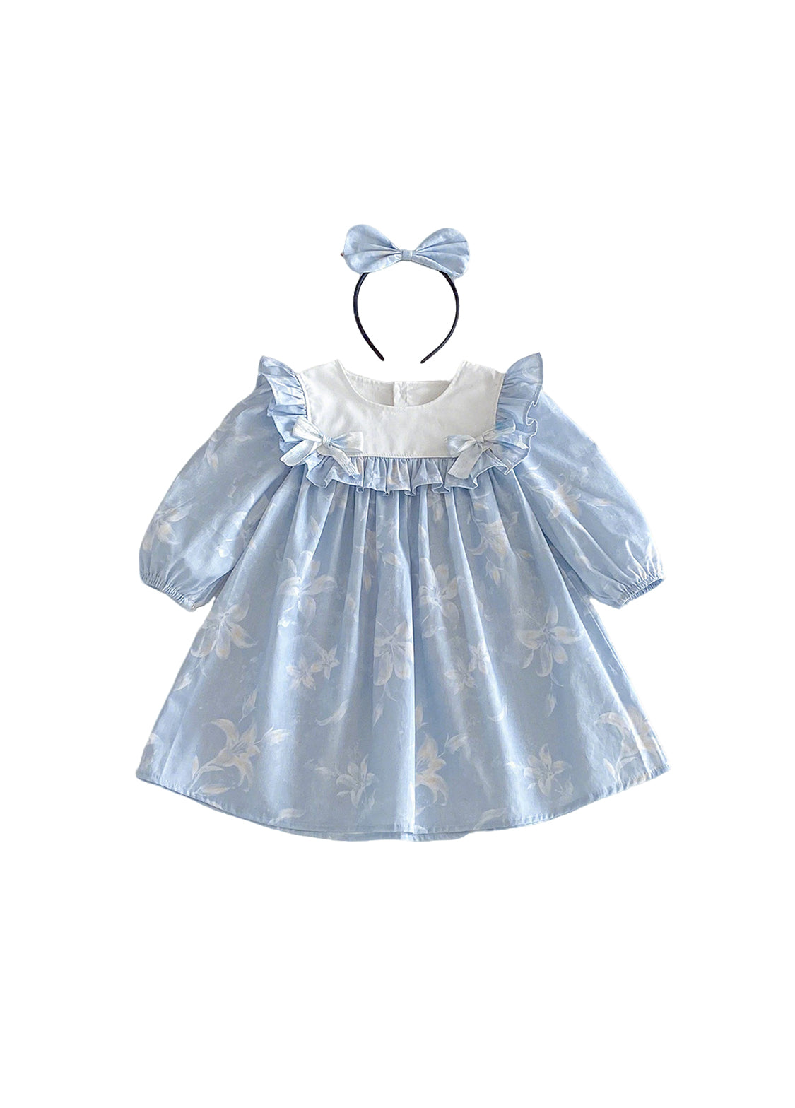 Girls Sweet Floral Ruffle Bowknot Dress With Headband