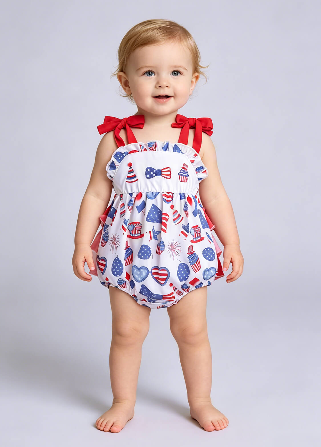 Baby Girls 4th of July Patriotic Romper Infant Independence Day Fireworks & Uncle Sam Hat Print Cami Sunsuit with Ruffle Butt