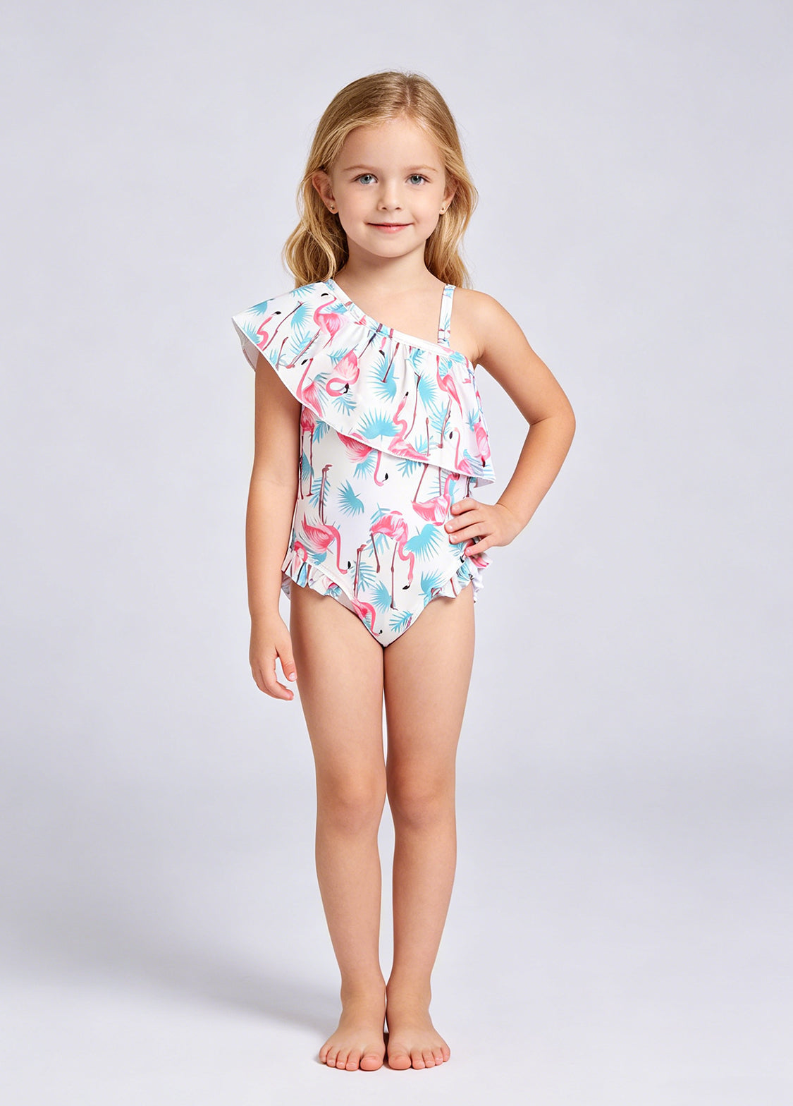 Girls' Summer Swimsuit — Flamingo Print, One-Shoulder, Ruffled Collar, One-Piece Swimwear