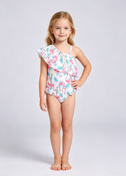 Girls' Summer Swimsuit — Flamingo Print, One-Shoulder, Ruffled Collar, One-Piece Swimwear