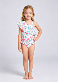 Girls' Summer Swimsuit — Flamingo Print, One-Shoulder, Ruffled Collar, One-Piece Swimwear