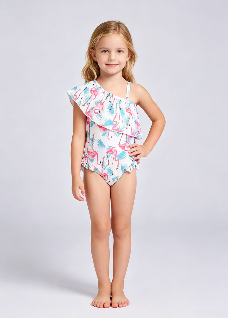 Girls' Summer Swimsuit — Flamingo Print, One-Shoulder, Ruffled Collar, One-Piece Swimwear