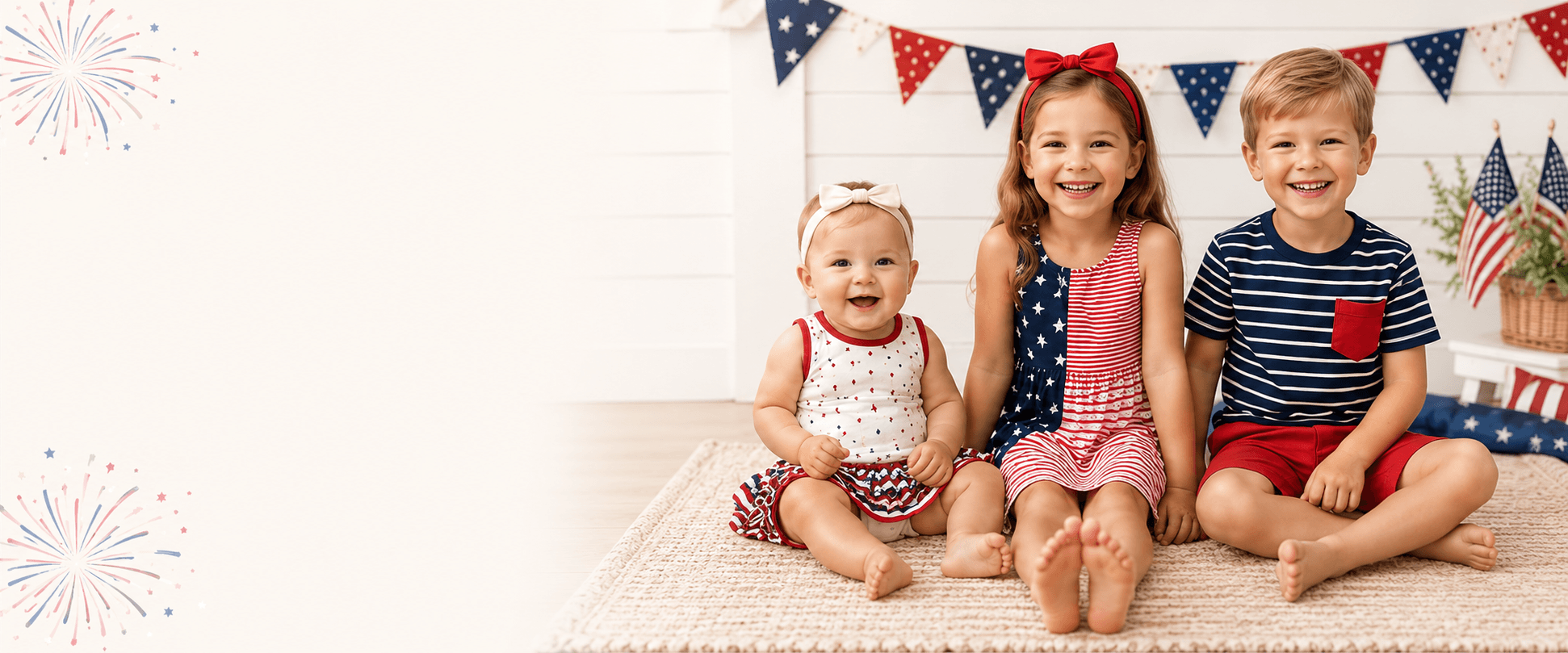 Baby and kids wearing red white and blue outfits for the 4th of July