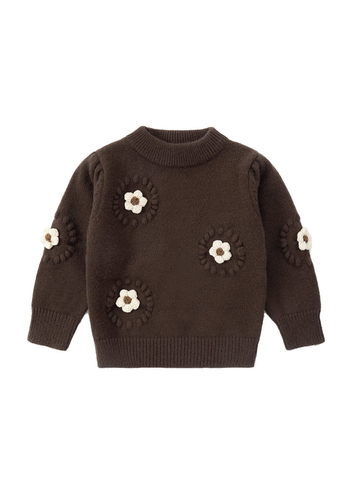 Children Girl 3D Embroidery Flower Sweater-Brown