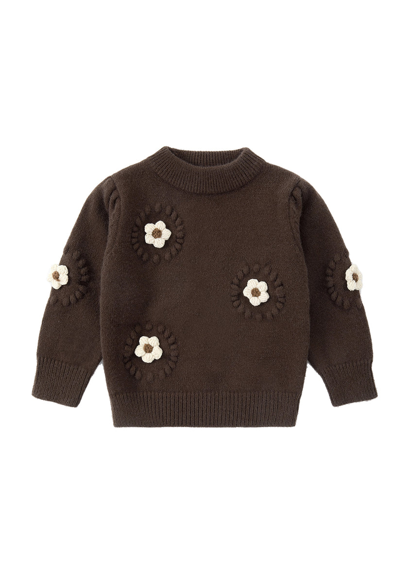 Children Girl 3D Embroidery Flower Sweater-Brown
