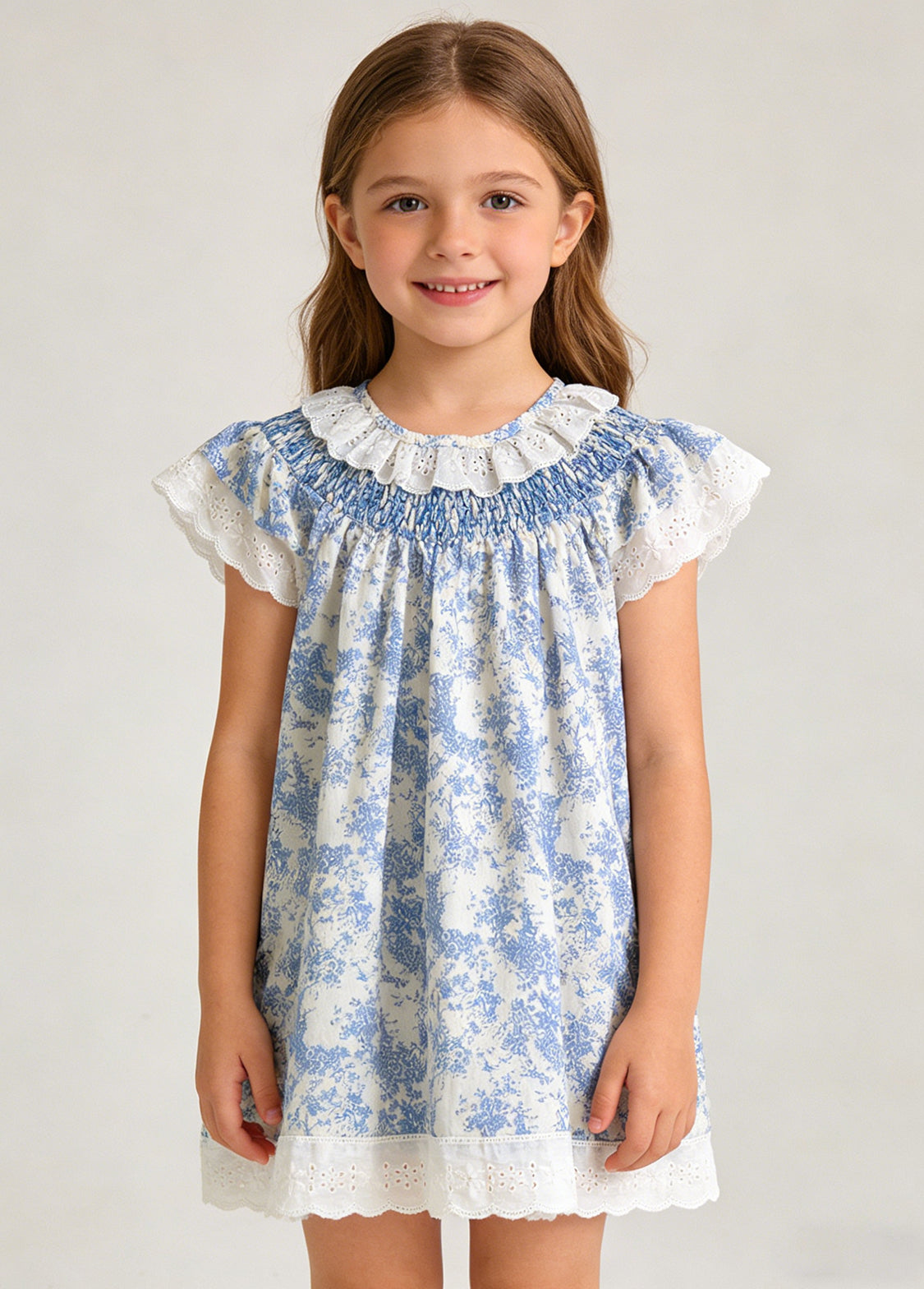 Girls Sweet Blue Floral Lace Ruffles Dollar Collar Dress