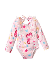 Girls' Long-Sleeve Swimsuit: Underwater Cartoon Patterned Bodysuit / One-Piece Swimwear
