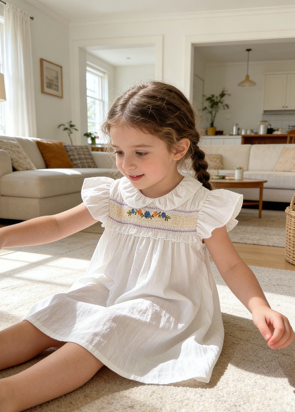 Girls Sweet Floral Embroidered Ruffled Dress