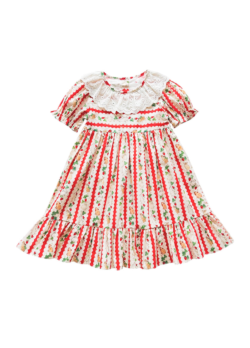 Girls Cotton Lace Rabbit & Carrot Print Dress