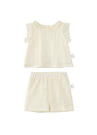 Girls' Lightweight Two-Piece Set: Top with Flutter Sleeves and Openwork Floral Design, and Trousers
