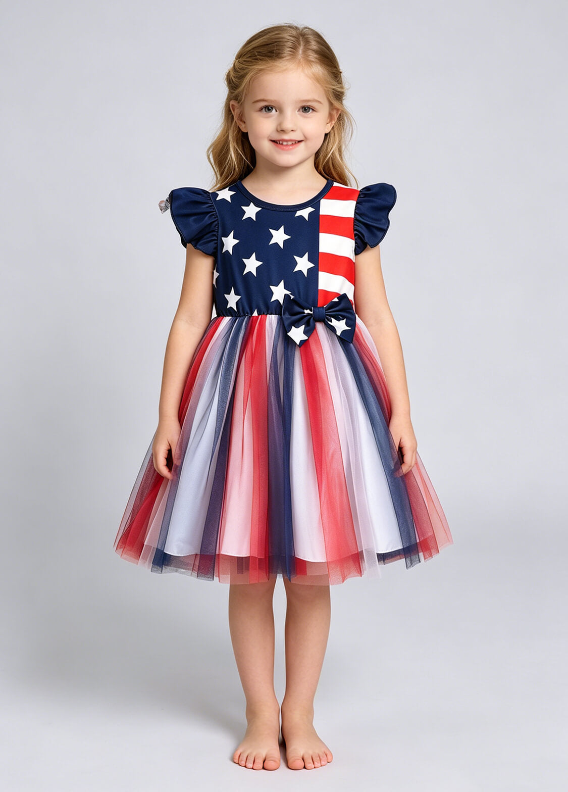 Toddler Girls 4th of July Patriotic Tutu Dress Kids Independence Day Star & Stripes Flutter Sleeve Mesh Princess Dress