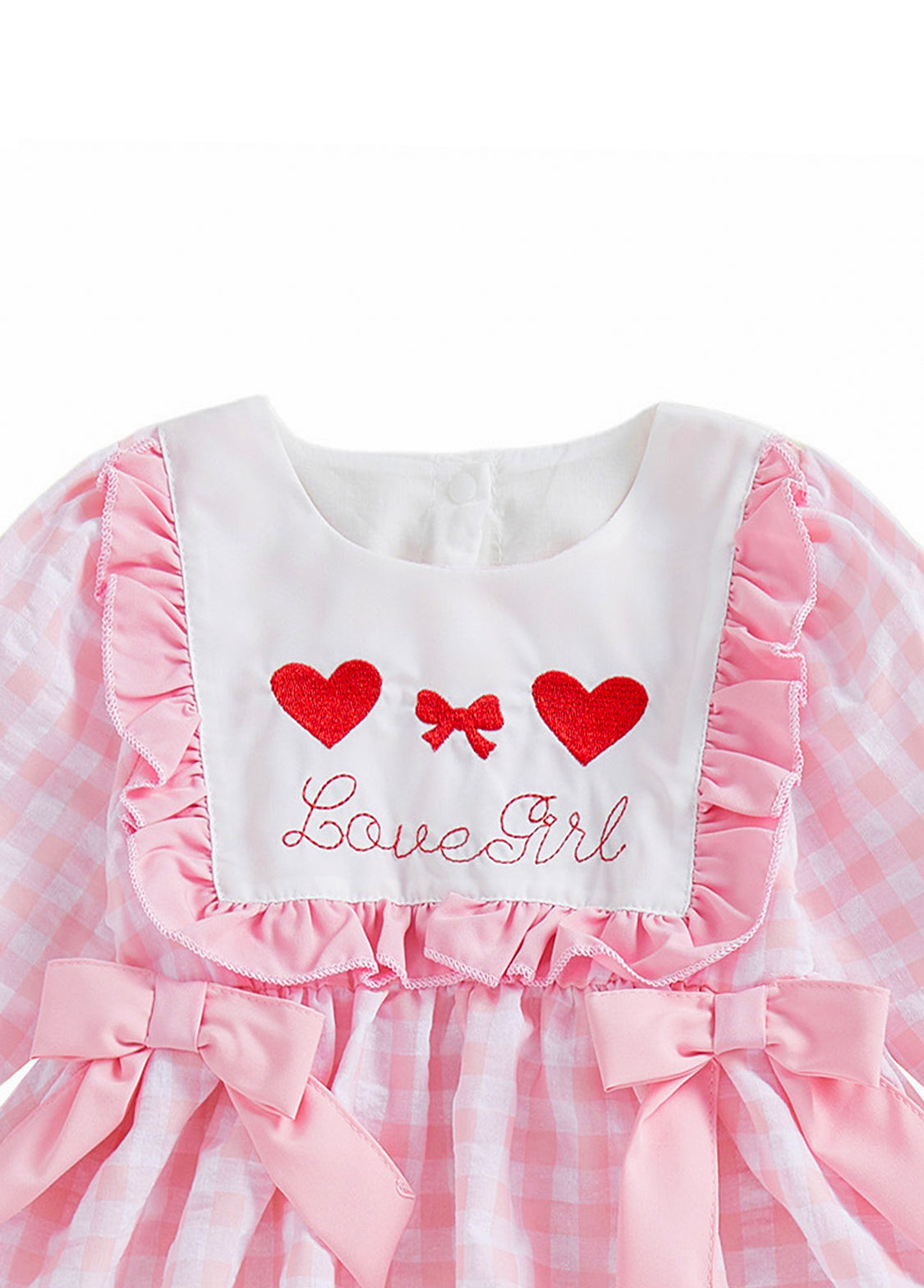 Girls Sweet Pink Plaid Heart-embroidered Ruffle Dress