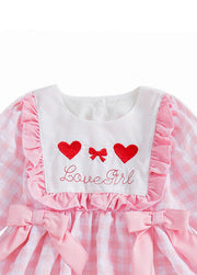 Girls Sweet Pink Plaid Heart-embroidered Ruffle Dress