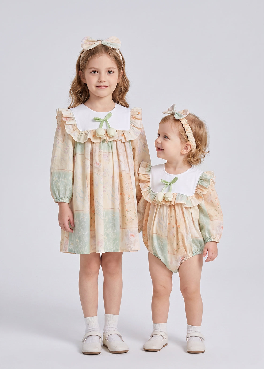 Baby Girls Retro Floral Ruffle Romper With Hairband