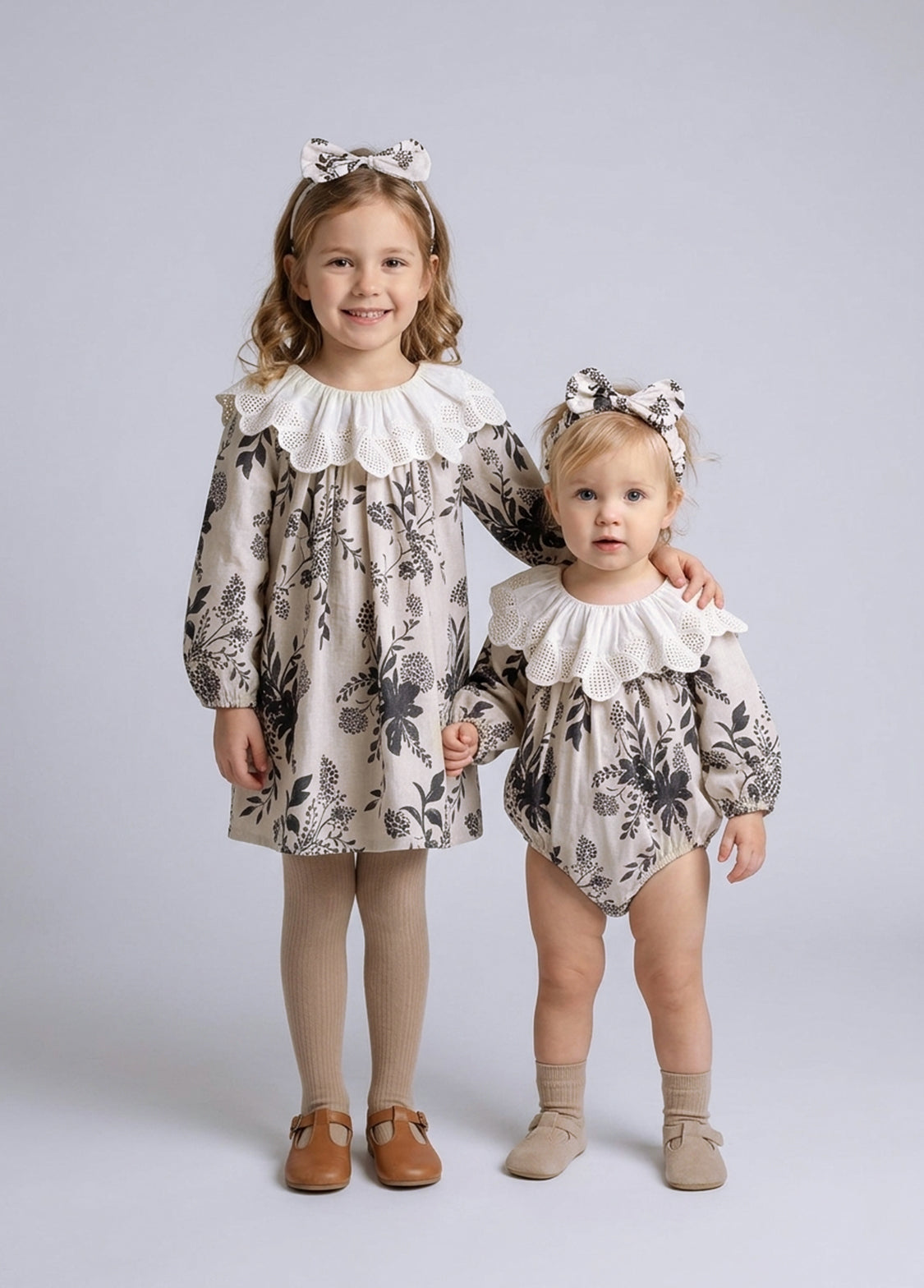 Baby Girls Retro Floral Dollar Collar Romper With Hairband