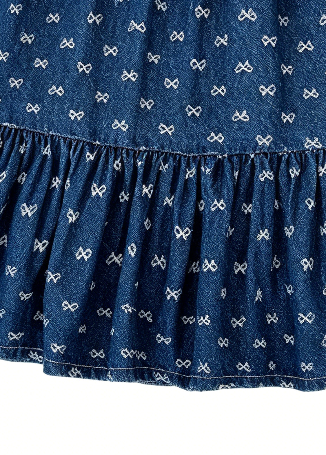 Girls Sweet Denim Bow Print Lace Dollar Collar Dress