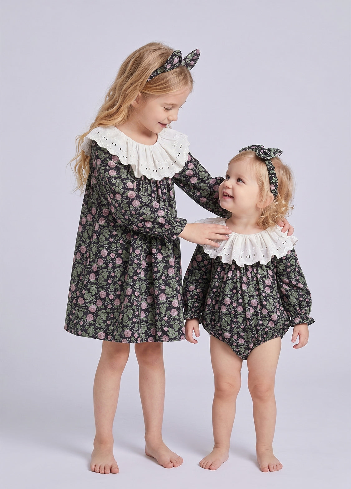 Baby Girls Retro Floral Dollar Collar Romper With Hairband