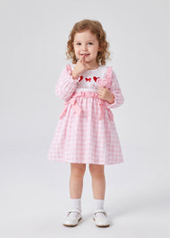 Girls Sweet Pink Plaid Heart-embroidered Ruffle Dress