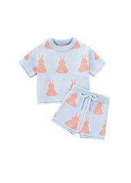 Girls Cute Bunny Jacquard Short-sleeved Sweater And Shorts Set