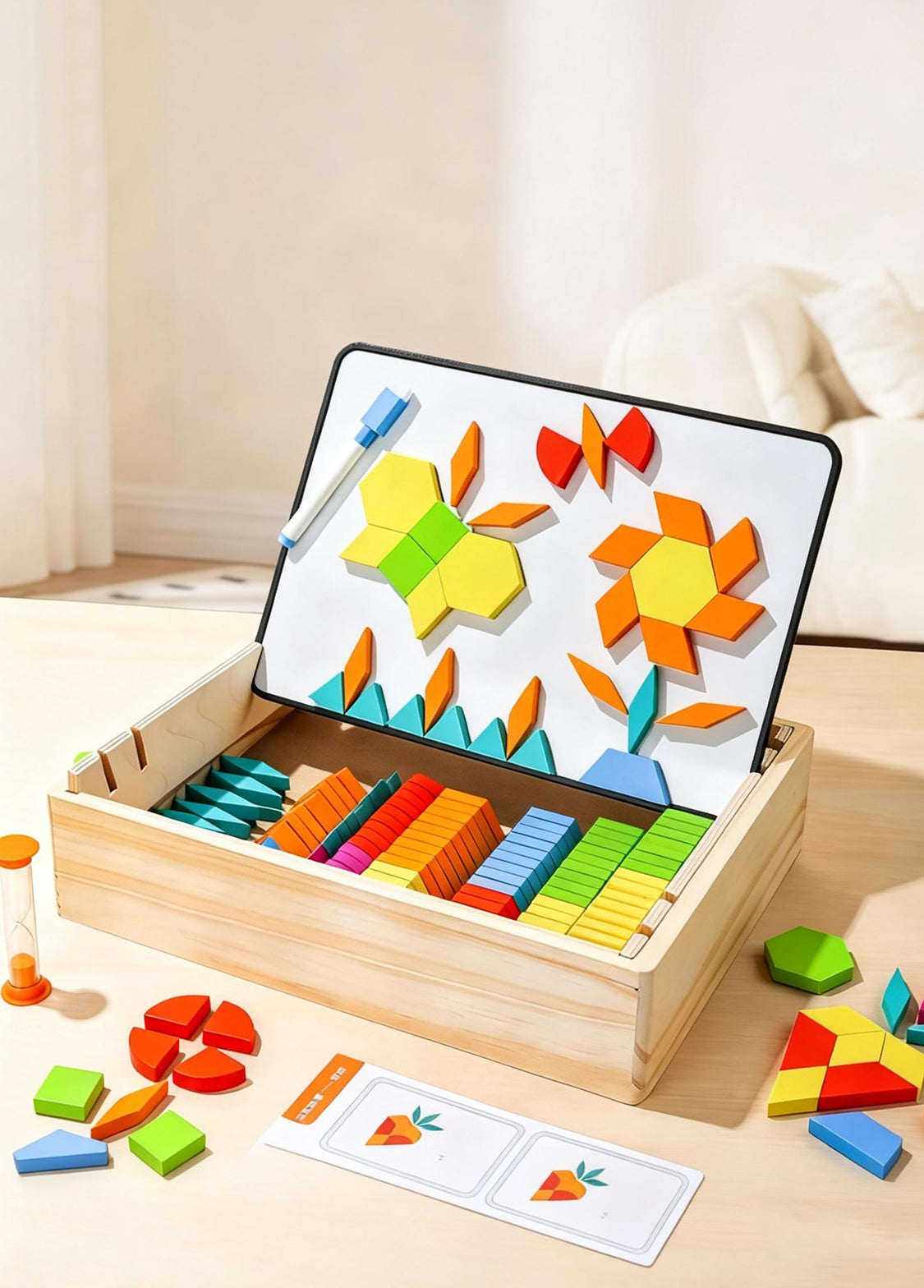 Magnetic Wooden Pattern Blocks Set – Montessori STEM Geometry Learning Toy for Kids 3+