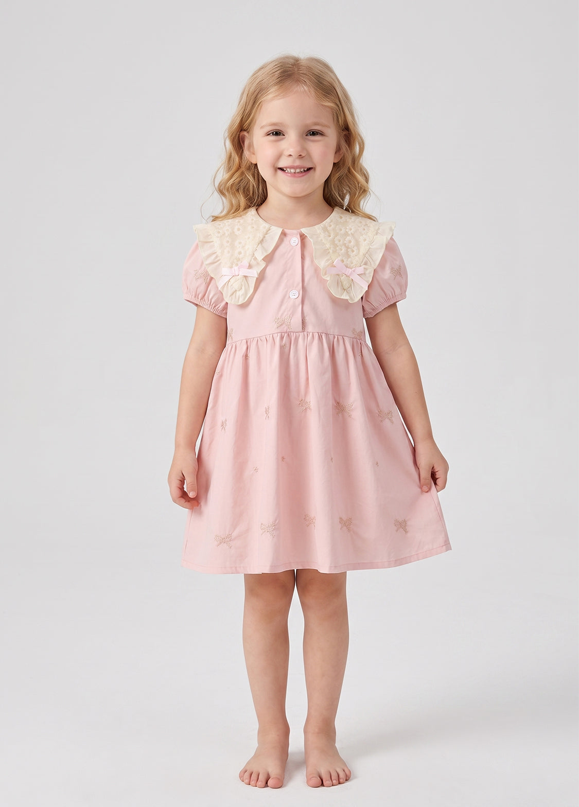 Girls Cotton Embroidered Butterfly Collar Dress