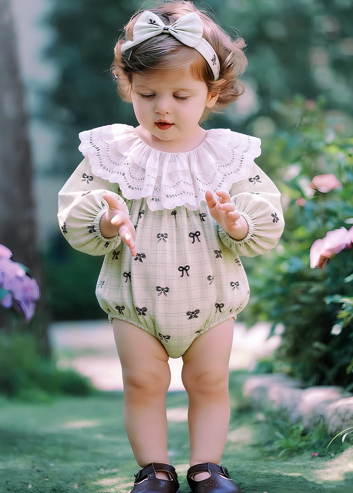 Baby Girls Pastoral Style Bowknot Romper With Hairband