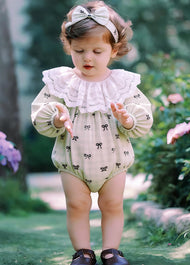 Baby Girls Pastoral Style Bowknot Romper With Hairband
