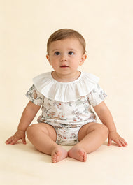 Baby Girl's Summer Short-Sleeve Bamboo Cotton Muslin Romper with Deer Print