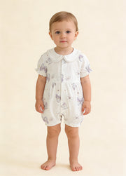 Baby Girl's Summer Short-Sleeve Romper — Lightweight Bamboo Fiber with Purple Butterfly & Forest Elephant Prints