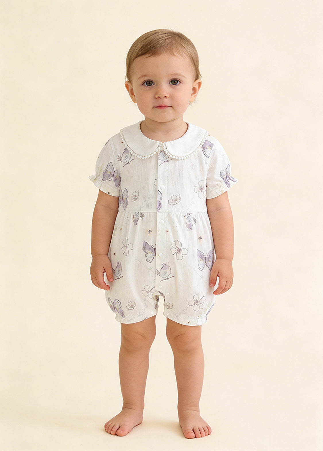 Baby Girl's Summer Short-Sleeve Romper — Lightweight Bamboo Fiber with Purple Butterfly & Forest Elephant Prints
