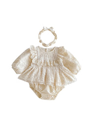 Baby Sweet Lace Trim Long-Sleeved Romper With Headband