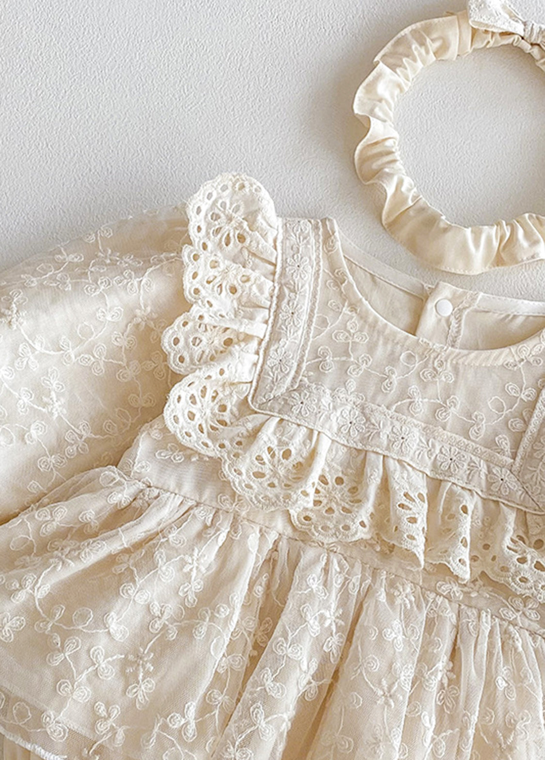 Baby Sweet Lace Trim Long-Sleeved Romper With Headband