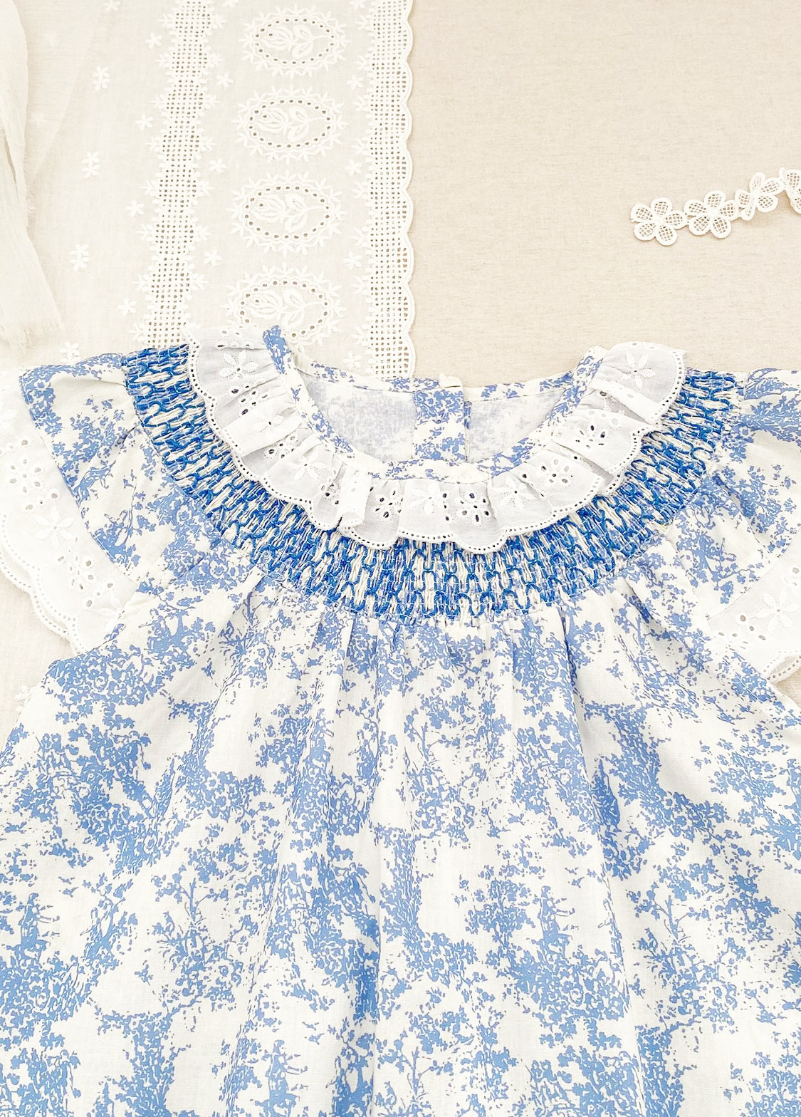 Girls Sweet Blue Floral Lace Ruffles Dollar Collar Dress