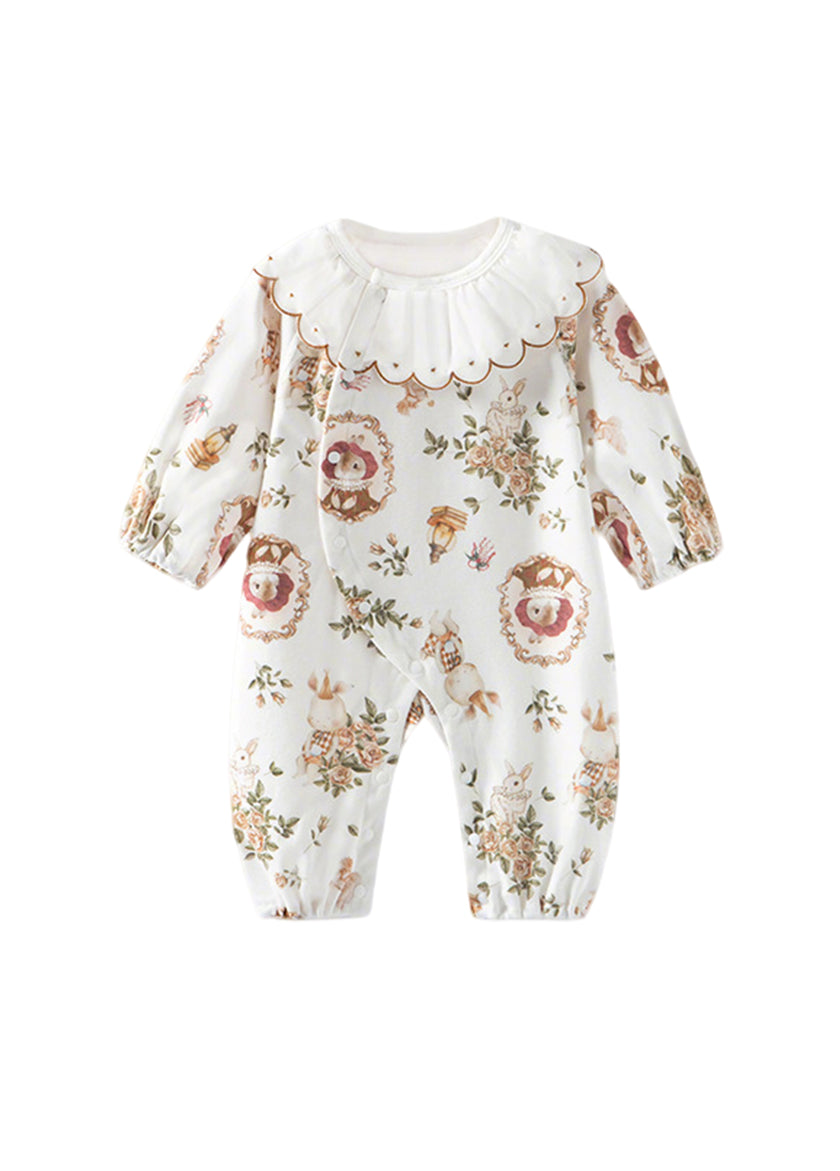 Baby Girls Cute Bamboo Fiber Floral Cartoon Print Dollar Collar Romper