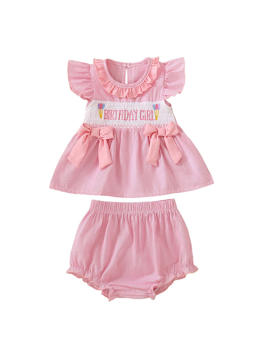 Baby Girls Pink Striped Ruffled Bow Top And Lantern Pants Set