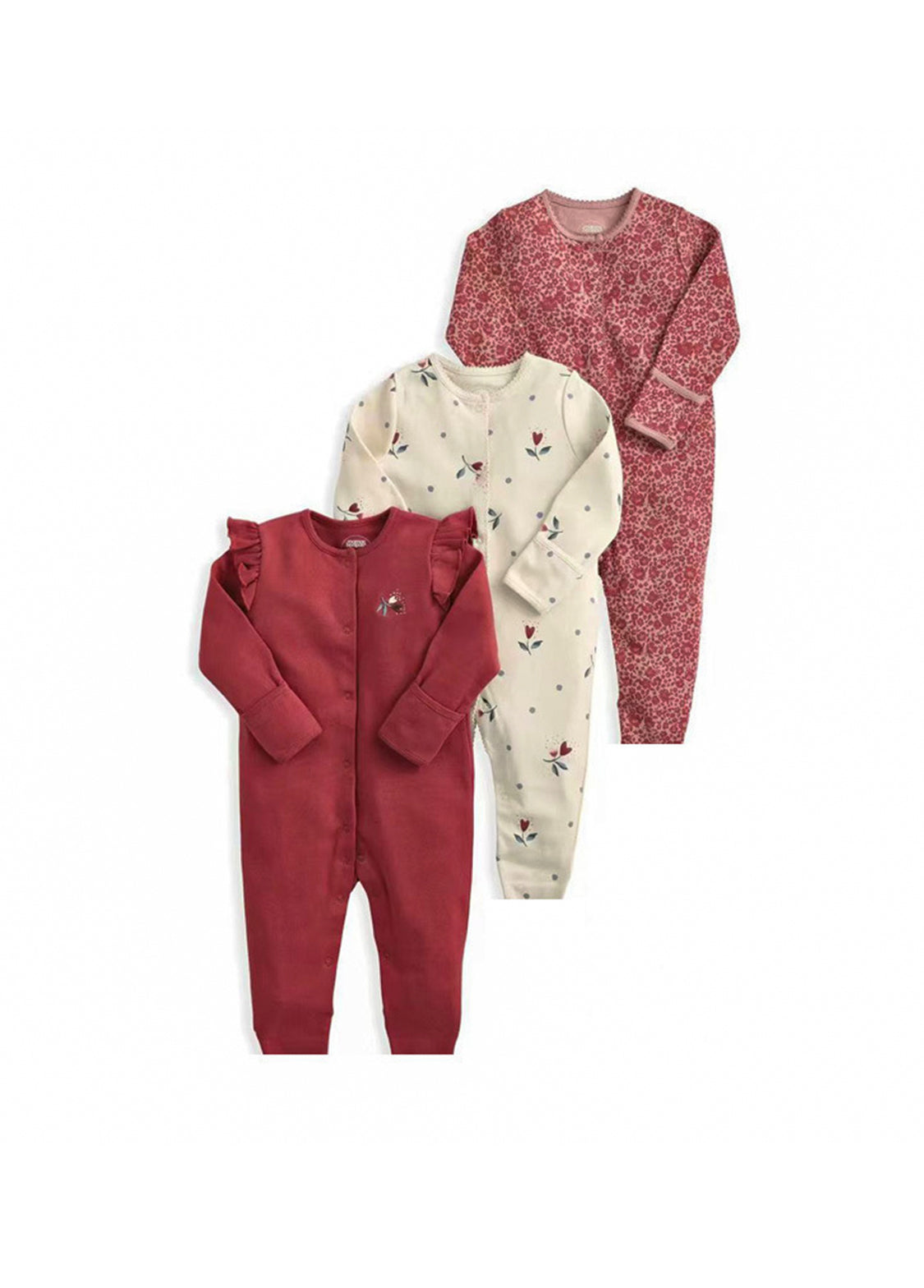 3-Pack Baby Girl Cotton Cute Printed Long-Sleeved Romper