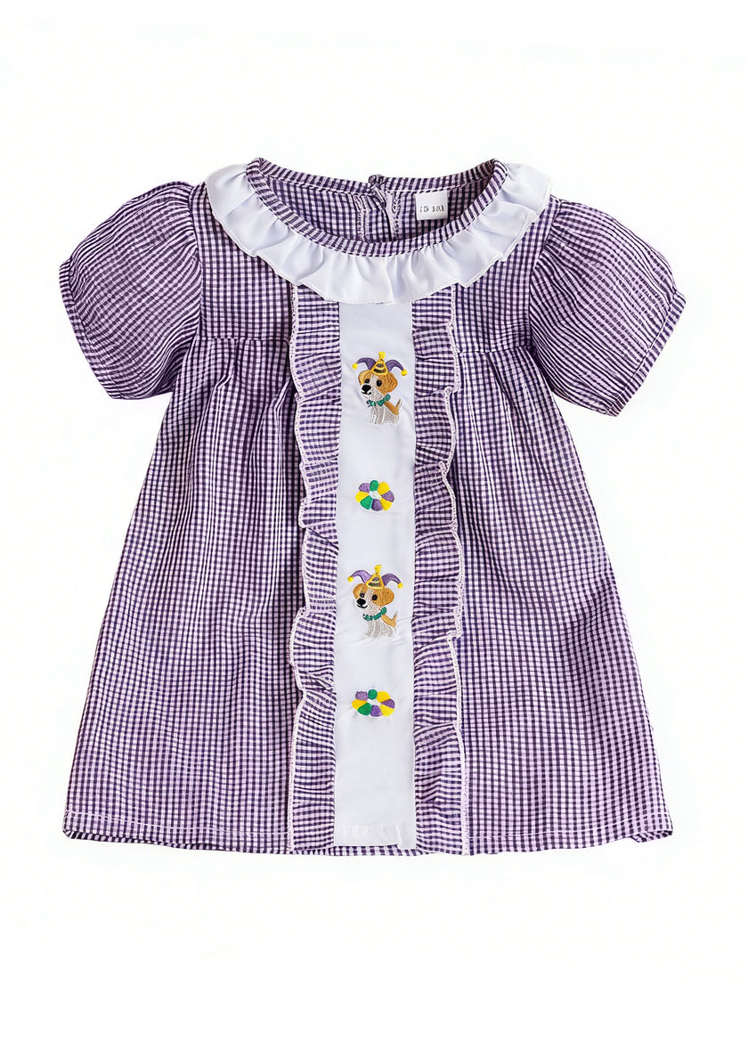 Girls Embroidered Plaid Short Sleeve Dress