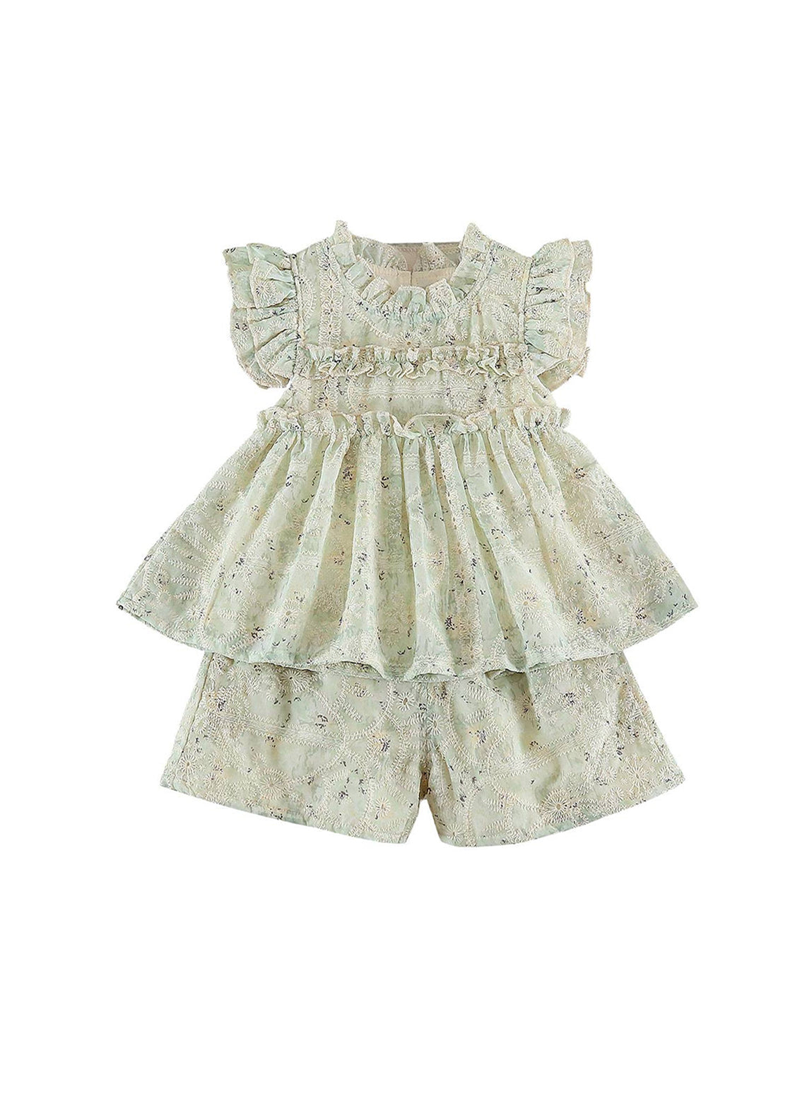Girls Sweet Floral Embroidered Ruffled Top And Shorts Set
